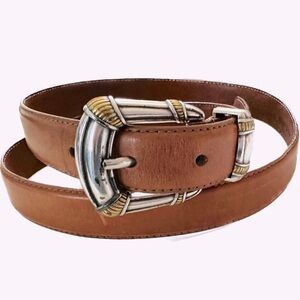 Ladies FOSSIL Tan Leather 1" Wide & Raised W/2 Toned Buckle Size Medium Belt